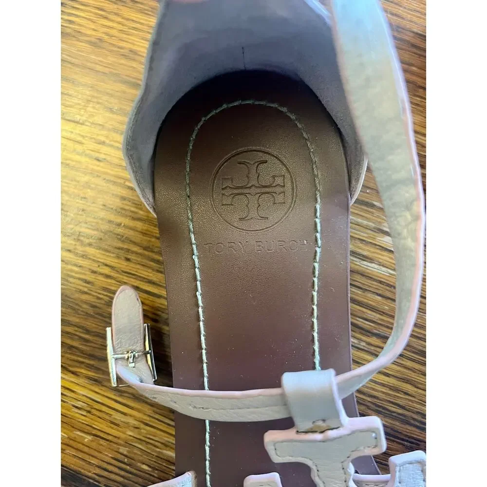 Tory Burch Phoebe Blush Leather Flat Thong Ankle Strap Sandals Sz 8